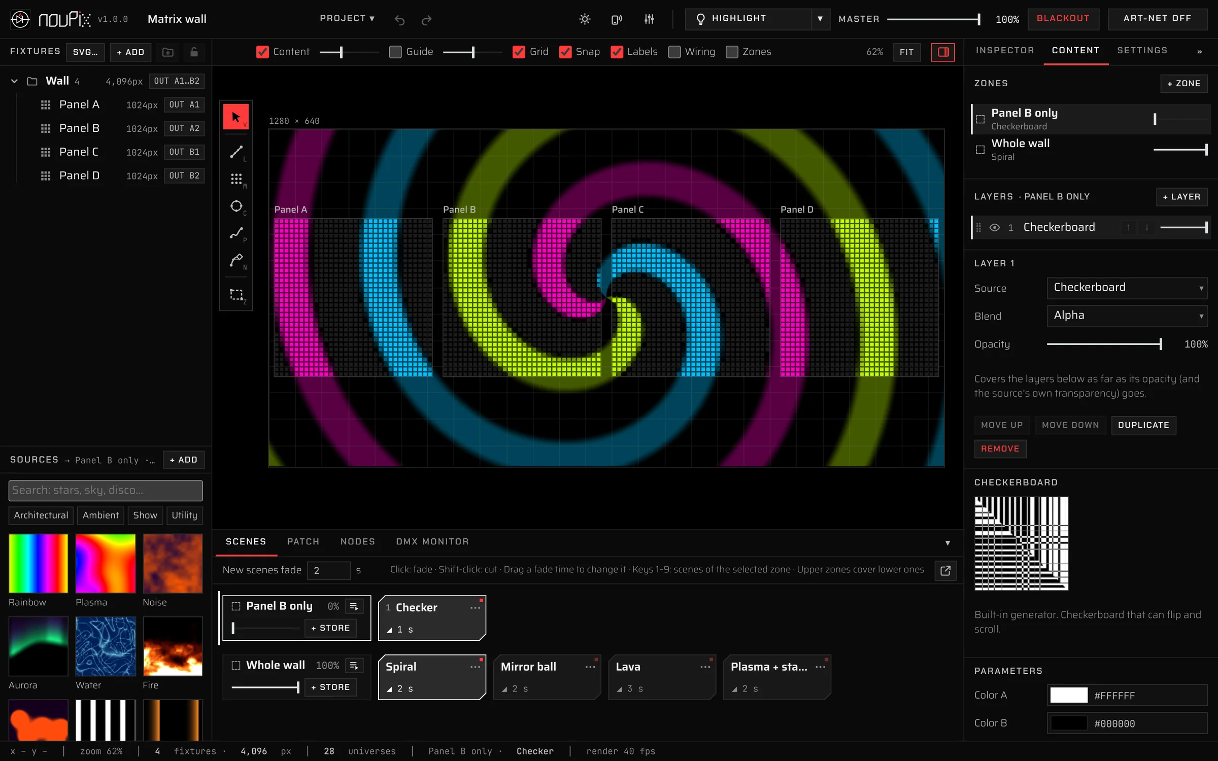 nouPix with a wall of four LED matrix panels playing a spiral effect: fixture list, stage, scenes and the Content panel