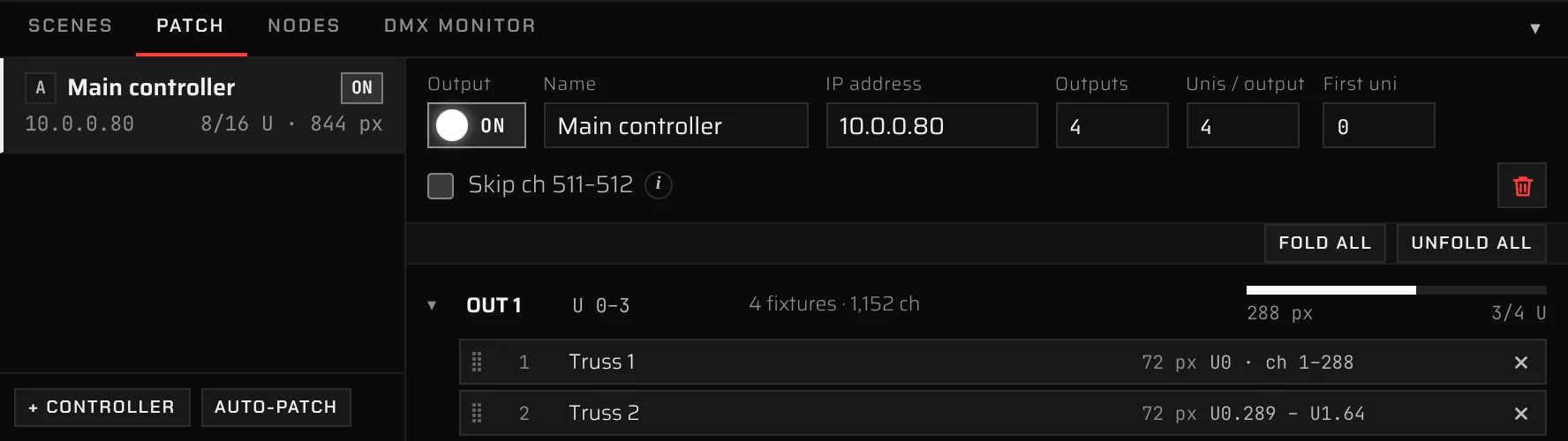 The Patch panel: a four-output controller at 10.0.0.80 with fixtures and their universes and channels