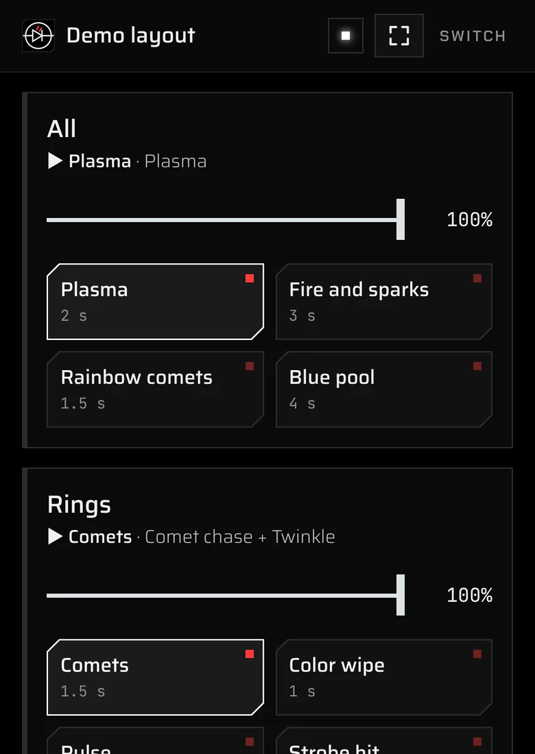 The phone remote: three zones with a level fader and their scenes